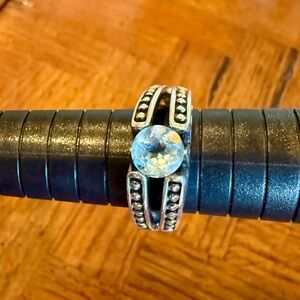 Vintage 925 Silver Ring with Light Blue Gemstone and Intricate Design